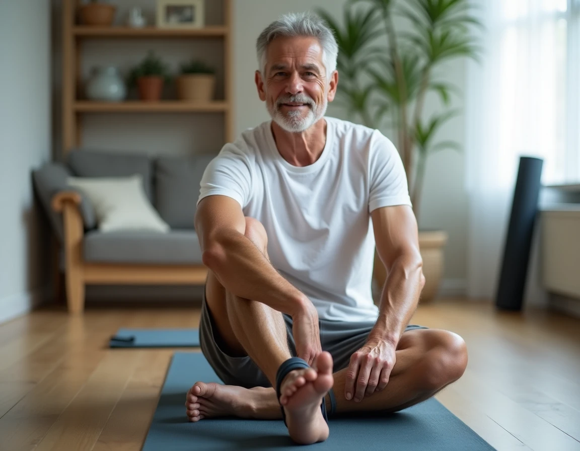 Homme effectuant des étirements du fascia plantaire avec un élastique pour soulager la douleur de l'épine calcanéenne à domicile