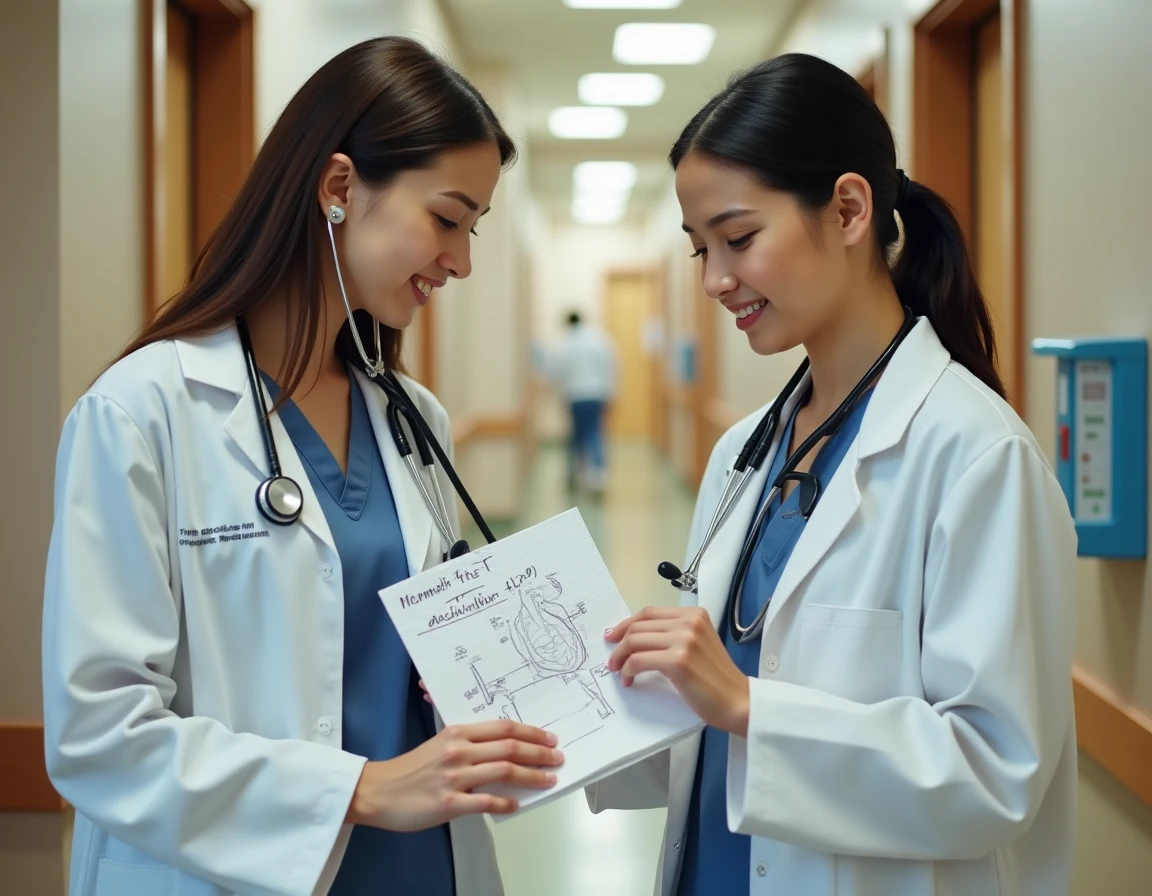Deux étudiantes en médecine s'entraînant mutuellement à l'auscultation cardiaque dans un couloir hospitalier avec un schéma des foyers dessiné à la main