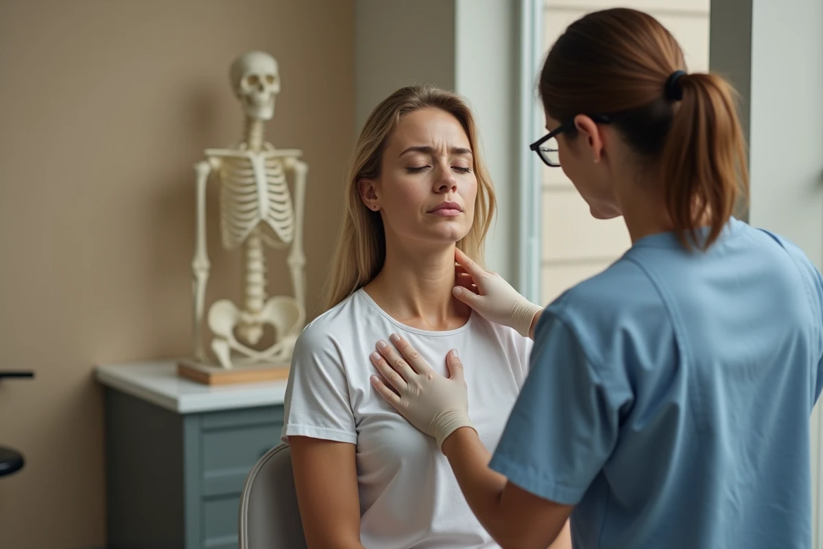Patiente lors d'un examen clinique des douleurs cervicales par une médecin spécialiste