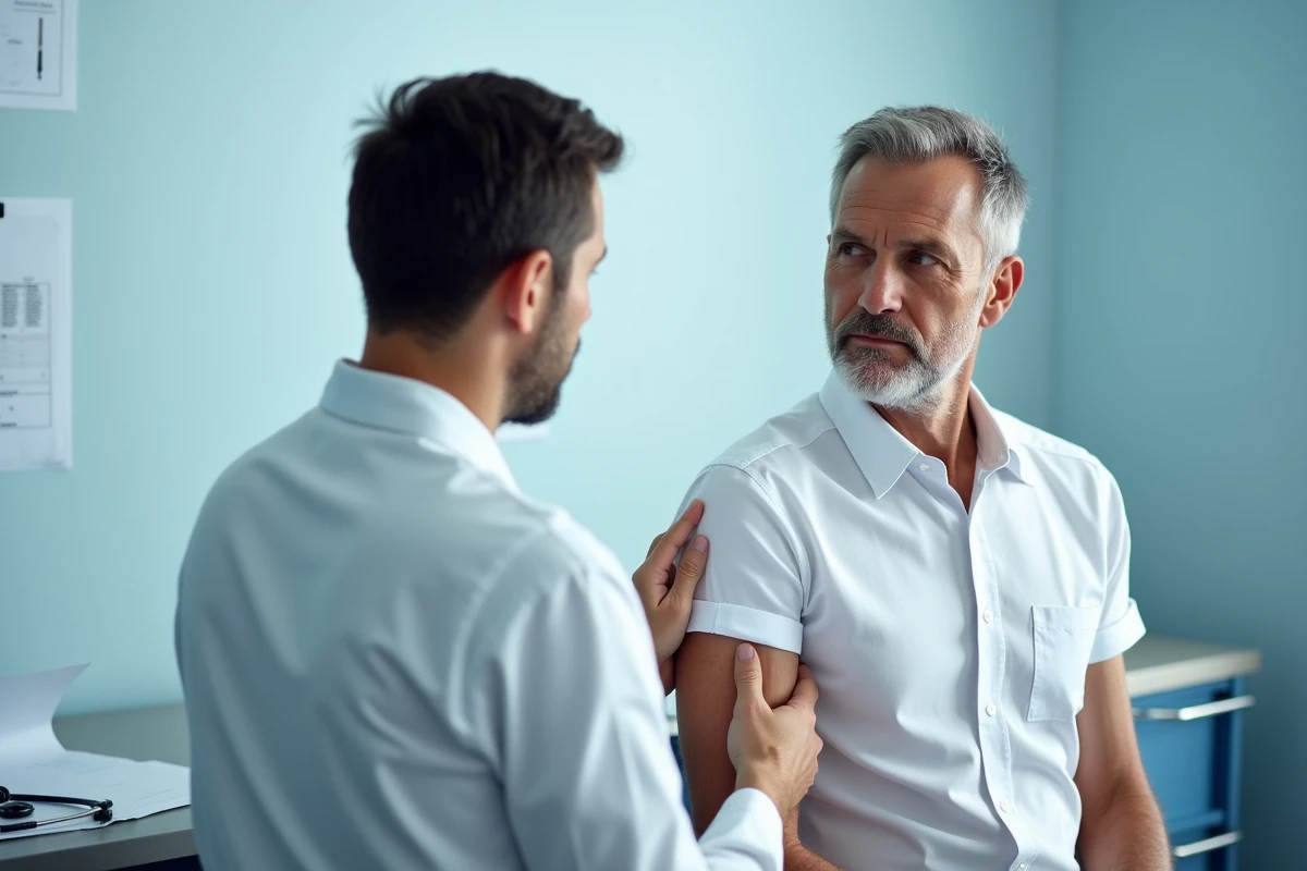 Médecin examinant la zone sous l'aisselle gauche d'un patient homme lors d'une consultation médicale