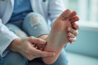 Examen des pieds d'une personne agee par un podiatre dans une clinique