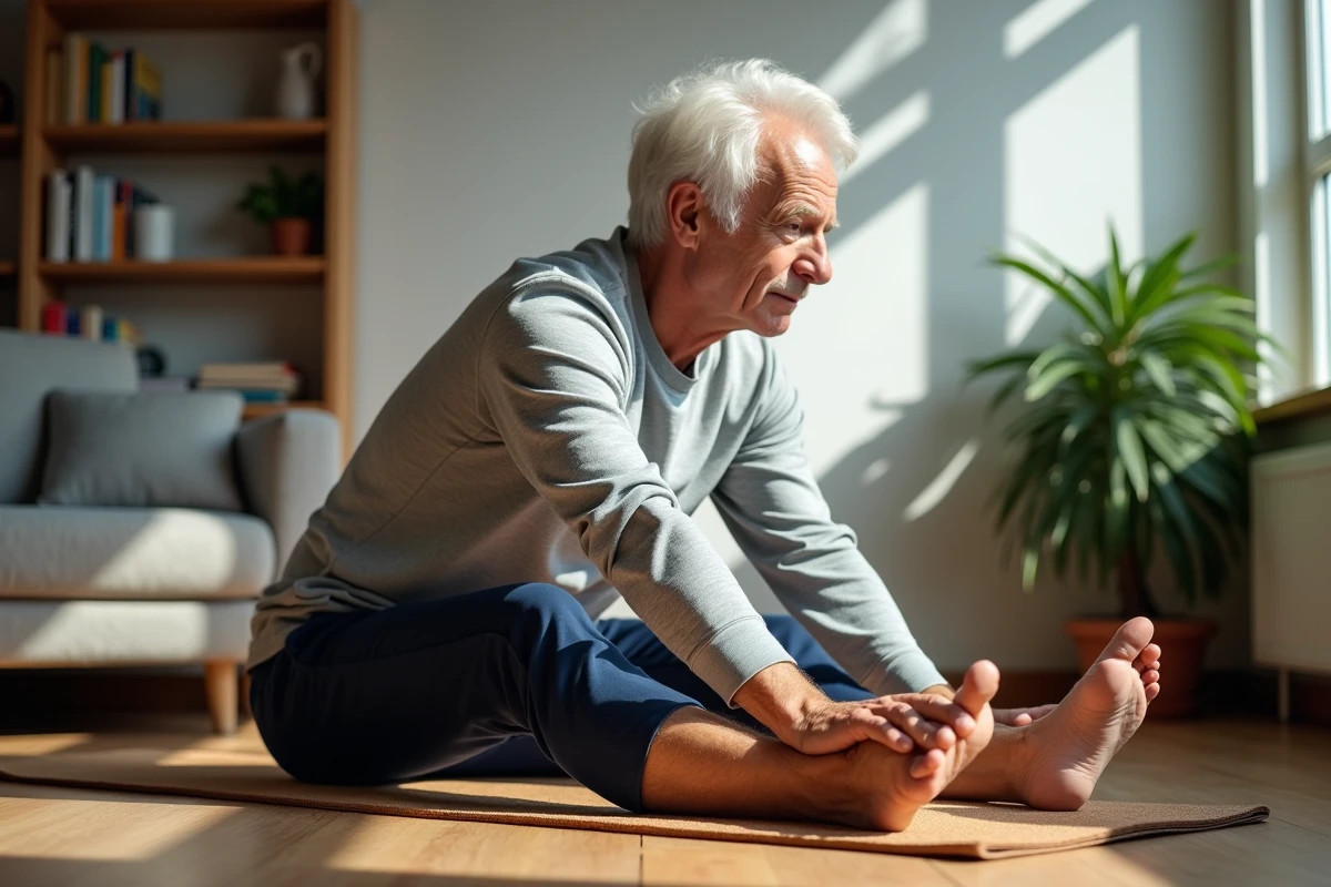 Senior réalisant des exercices d'étirement à domicile pour améliorer la mobilité articulaire liée à l'arthrose