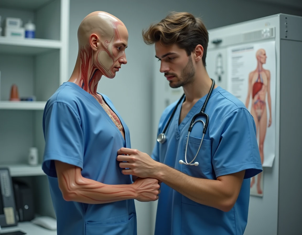 Étudiant en médecine s'entraînant à repérer les foyers d'auscultation cardiaque sur un mannequin anatomique dans un laboratoire de simulation médicale