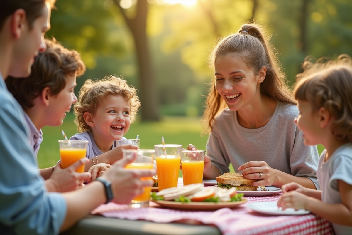 Famille heureuse partageant un pique-nique en plein air