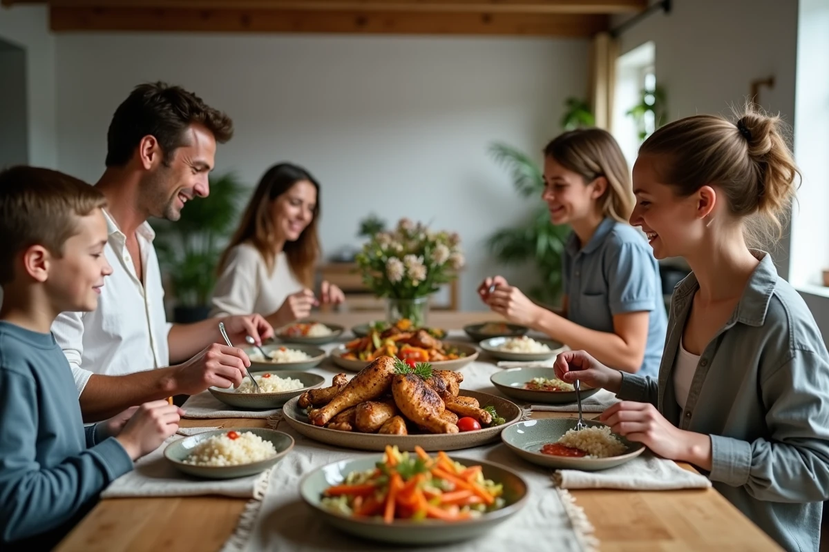 Famille attablée partageant un repas sain et varié avec des plats communs adaptés à chaque appétit selon la méthode API