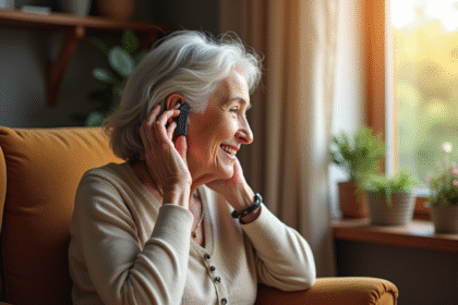 Femme agee souriante ajustant son appareil auditif dans un salon chaleureux