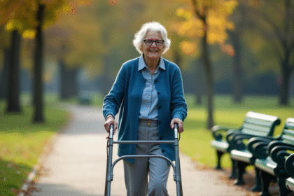 Femme âgée marchant dans un parc ensoleillé avec rollator