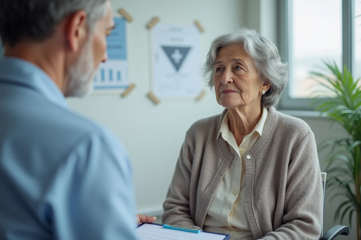 Femme âgée en consultation médicale attentive