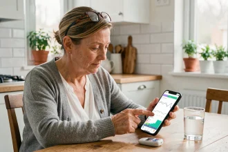 Femme diabétique utilisant une application de gestion du diabète sur smartphone à la maison