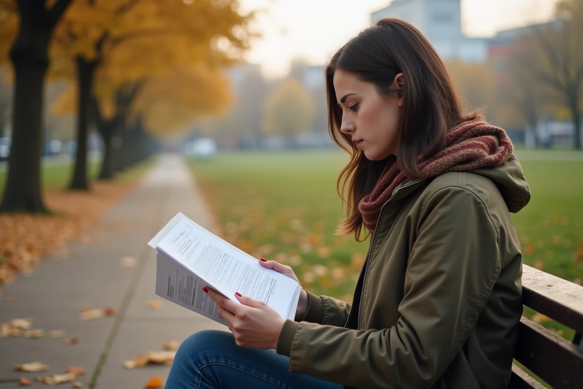 Femme réfléchissant avec résultats médicaux dans un parc