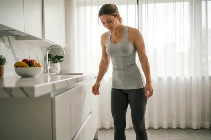 Femme pesant son poids sur une balance numérique dans une cuisine moderne, illustrant le suivi du poids après une cure Lumilean