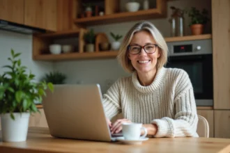 Femme souriante en cuisine avec ordinateur et tasse de thé