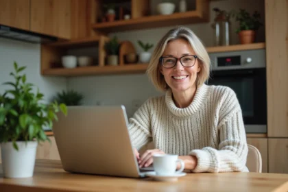 Femme souriante en cuisine avec ordinateur et tasse de thé