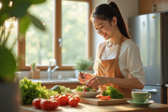 Femme chinoise souriante préparant un repas sain avec légumes frais