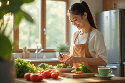 Femme chinoise souriante préparant un repas sain avec légumes frais