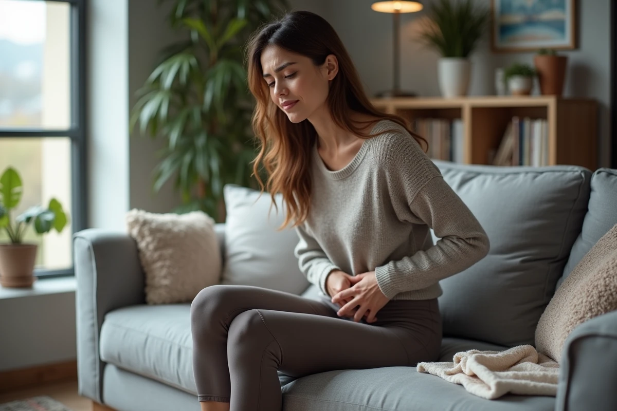 Femme assise sur un canapé en train de se faire mal au dos