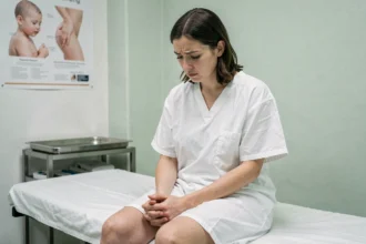 Femme assise sur une table d'examen gynécologique avec une expression préoccupée, illustrant une consultation médicale pour démangeaisons intimes