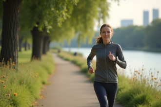 Femme en course dans un parc au bord de l'eau