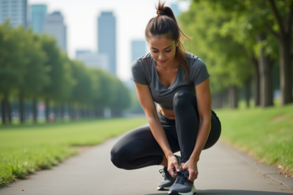 Femme en leggings et t-shirt à l'extérieur dans un parc urbain
