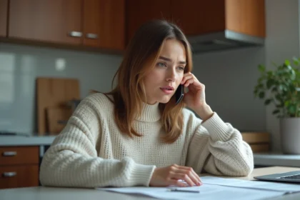 Femme préoccupée au téléphone dans une cuisine moderne