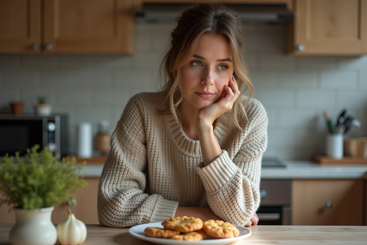 Femme réfléchissant à des cookies dans une cuisine chaleureuse