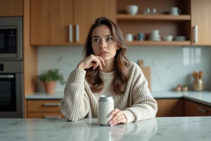 Femme détendue dans la cuisine moderne avec boisson