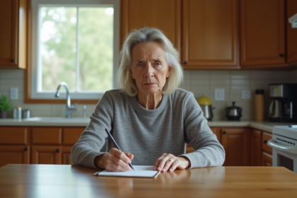 Femme d'âge moyen dans la cuisine en pleine réflexion