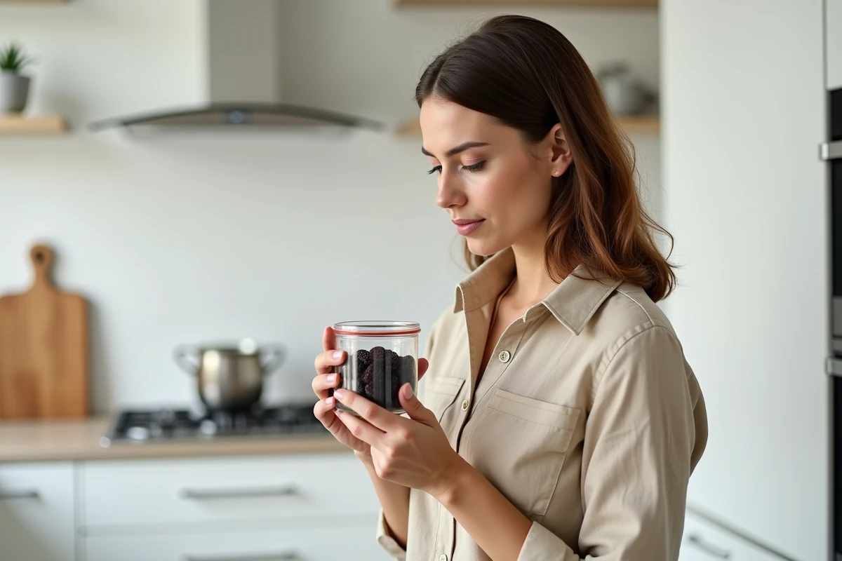 Femme lisant l'étiquette d'un pot de pruneaux dans une cuisine moderne, s'interrogeant sur la dose quotidienne recommandée