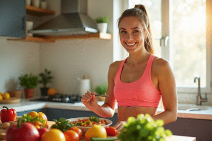 Femme souriante préparant un repas sain dans une cuisine lumineuse