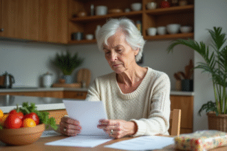 Femme de 50 ans réfléchissant à une liste d'aliments sains