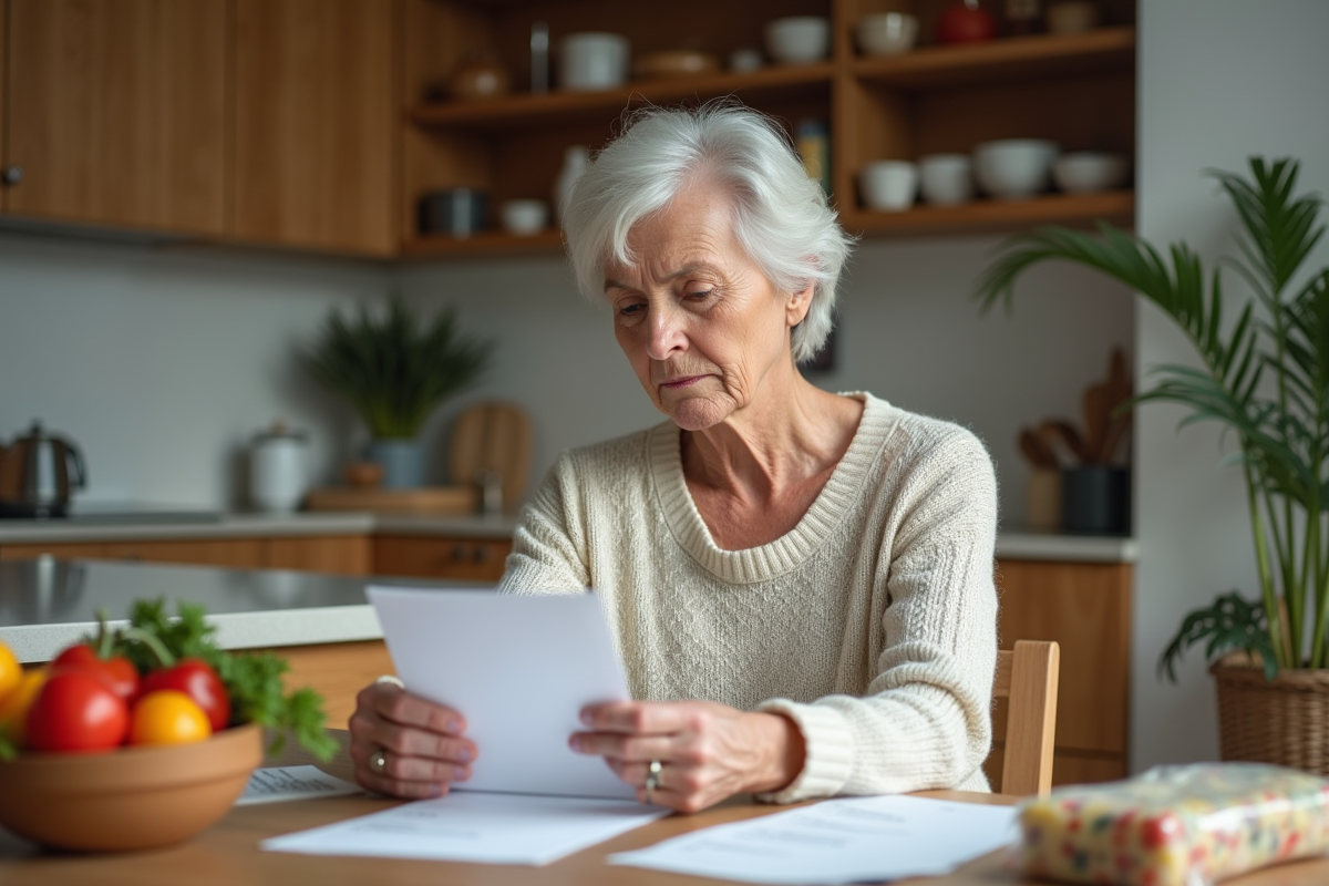 Femme de 50 ans réfléchissant à une liste d'aliments sains