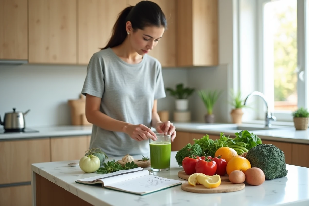 Femme préparant un smoothie santé dans sa cuisine dans le cadre d'un plan alimentaire pour réduire les CDT en 10 jours
