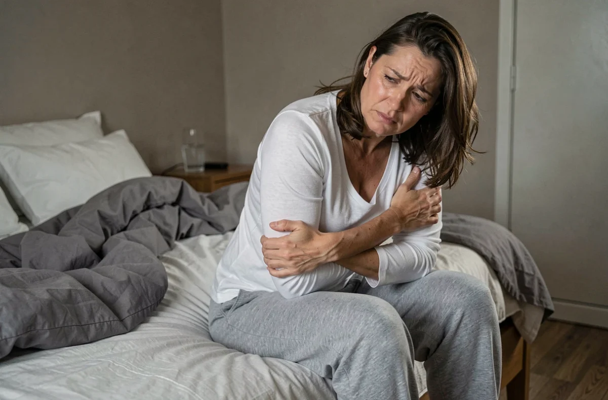 Femme assise au bord du lit la nuit se tenant les côtes, représentant la douleur nocturne d'une fracture costale fêlée