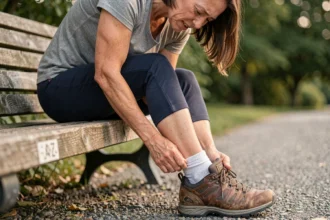 Femme retirant sa chaussure de randonnée sur un banc après une longue marche, expression de douleur aux pieds