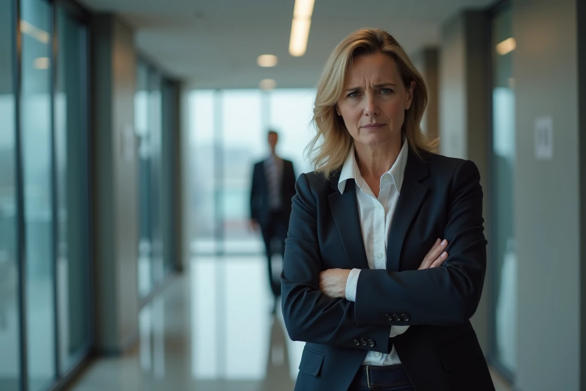Femme en tenue professionnelle dans un couloir de bureau tenant son bras gauche avec une expression de détresse thoracique