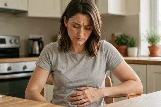 Femme tenant son côté droit du ventre avec une expression de gêne assise dans une cuisine, illustrant une douleur abdominale récurrente
