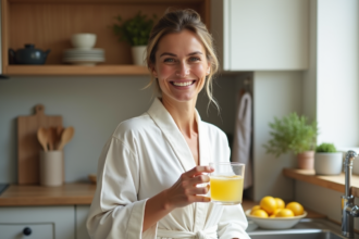 Femme souriante avec eau citronnee au matin dans la cuisine