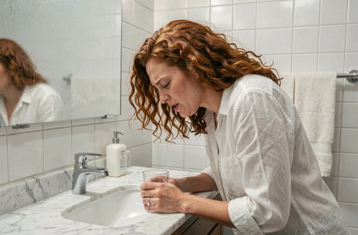 Jeune femme buvant un verre d'eau dans une salle de bain pour apaiser une toux