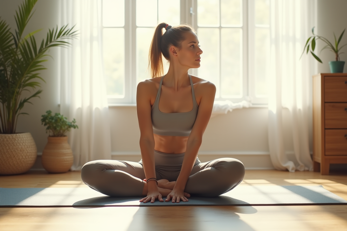 Femme faisant des étirements de hanches sur un tapis de yoga lumineux