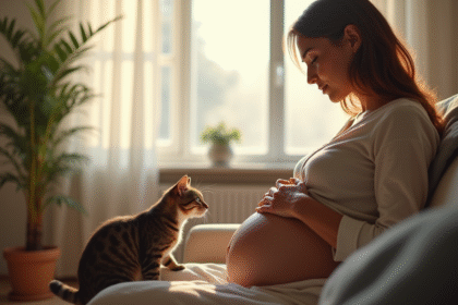 Femme enceinte tenant son ventre avec un chat dans un salon lumineux
