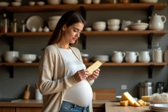 Femme enceinte examine un fromage parmesan dans une cuisine chaleureuse