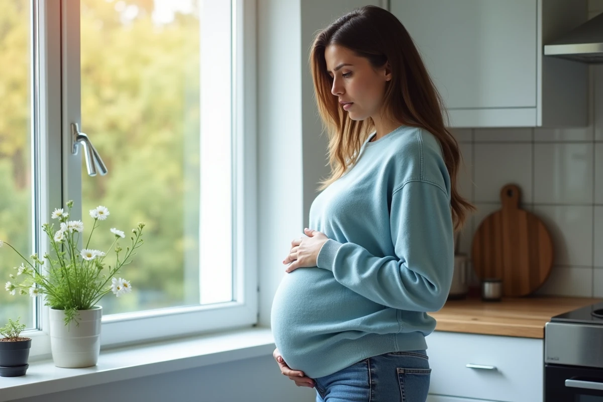 Jeune femme enceinte dans la cuisine en train de tousser