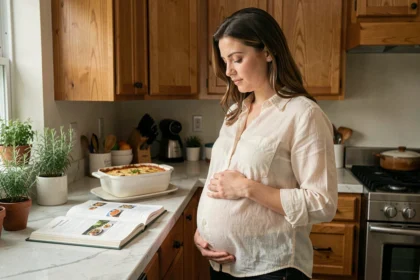 Femme enceinte dans sa cuisine regardant une recette avec envie, main posée sur son ventre arrondi