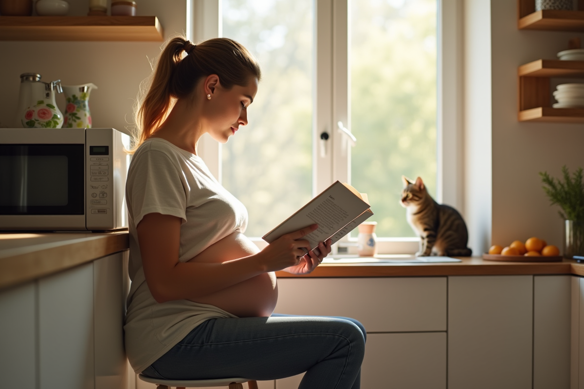 Femme enceinte lisant un livre dans une cuisine ensoleillee avec un chat dehors