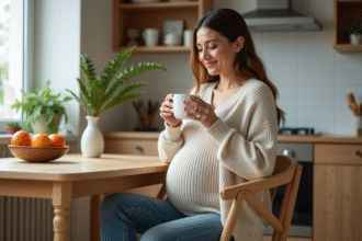 Femme enceinte souriante buvant du thé dans la cuisine