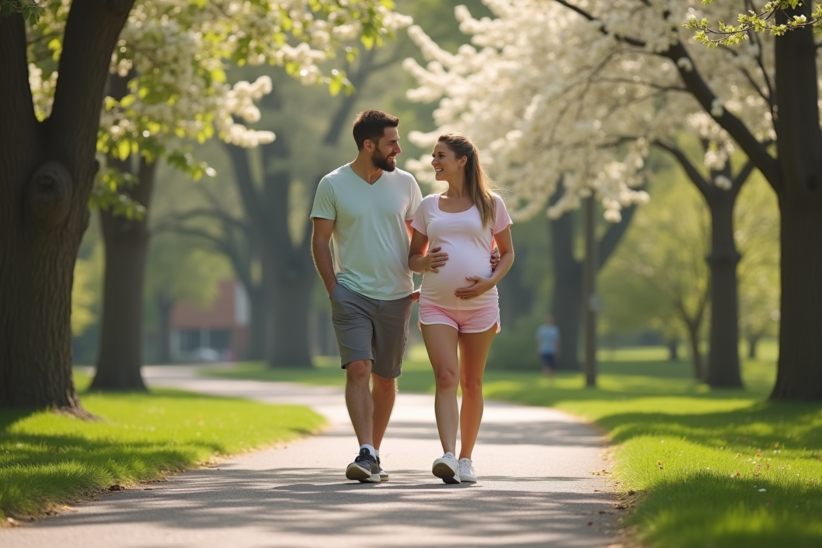 Femme enceinte en promenade dans un parc au printemps