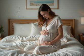 Femme enceinte assise pensant dans sa chambre