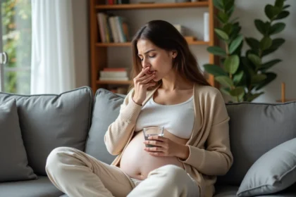 Femme enceinte assise sur un canapé dans un salon chaleureux