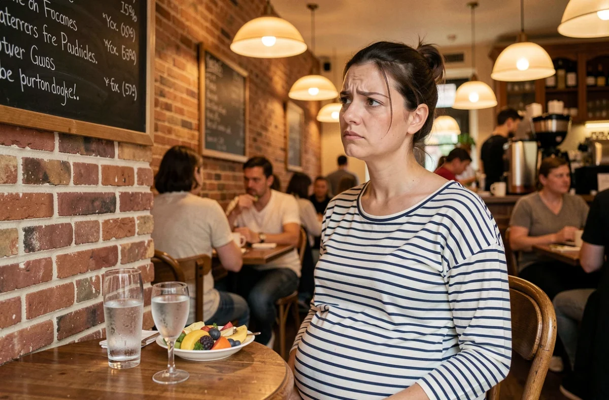 Femme enceinte au restaurant regardant le menu avec une expression de frustration douce, verre d'eau devant elle