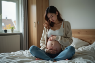 Jeune femme enceinte assise sur le lit dans une chambre lumineuse